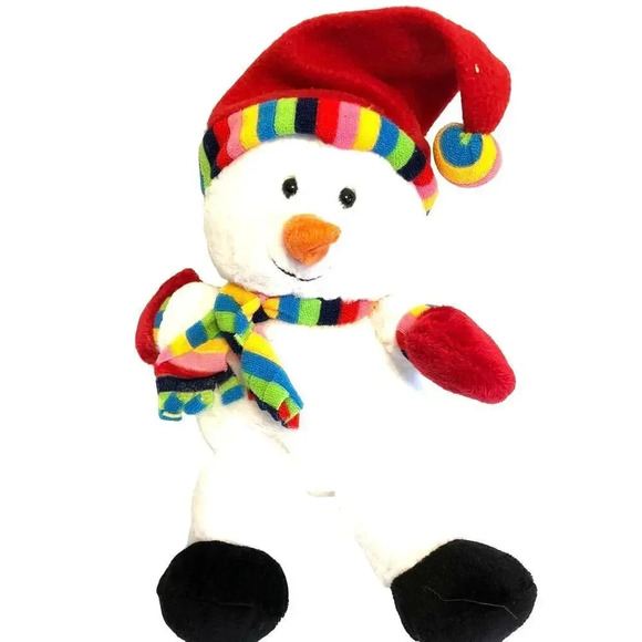 Vintage Plush Bundle up Red Hat Rainbow Scarf snowman with spring legs - Picture 1 of 3